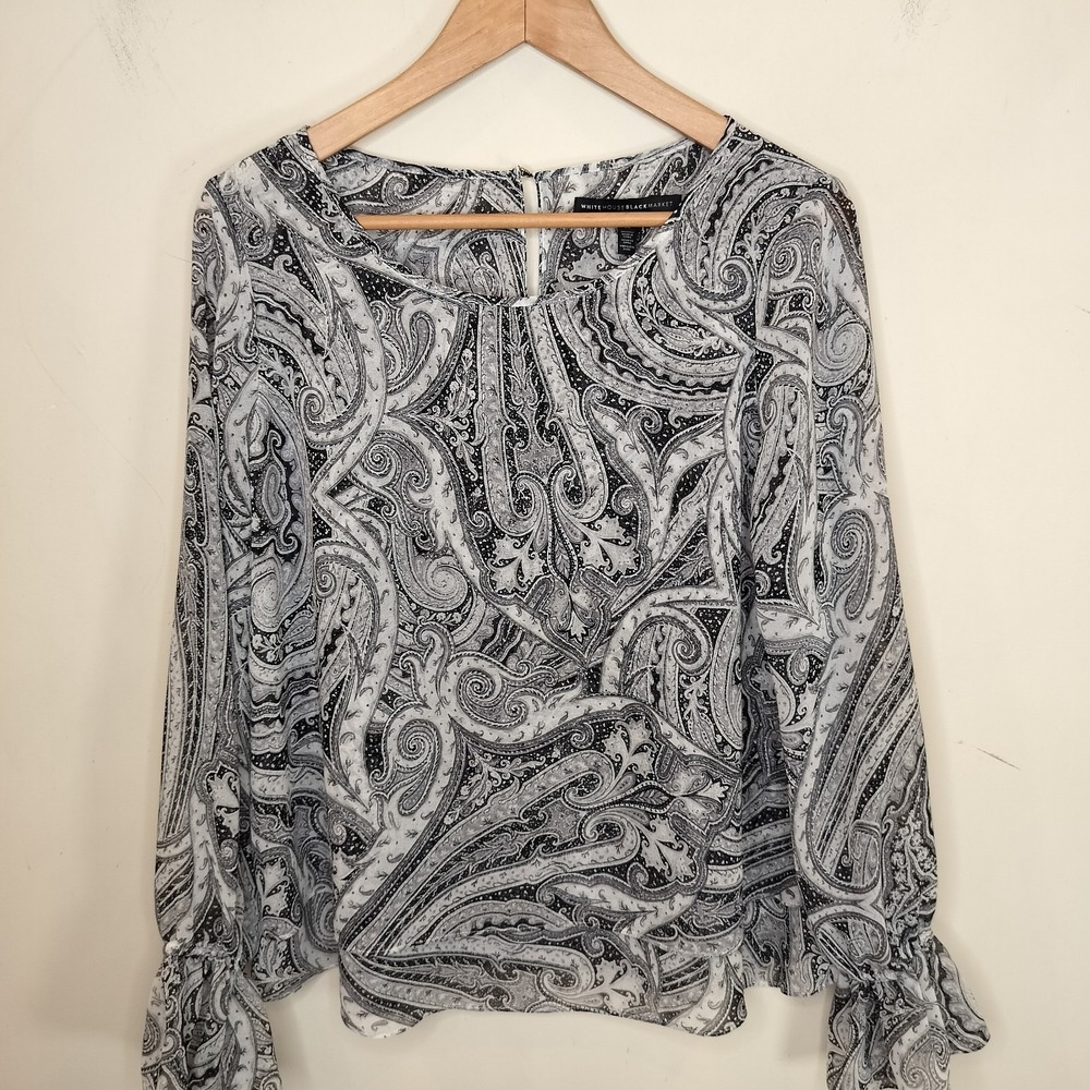 White House Black Market Paisley Floral Top Chiffon Flare Cuff